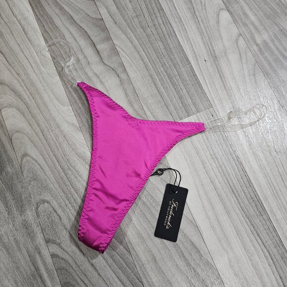 Frederick's of Hollywood Hot Pink Satin Thong with Clear Side Adjustable Slider - Picture 2 of 5